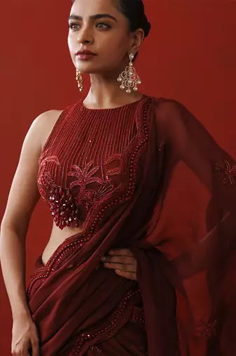 Maroon ruffle saree set
