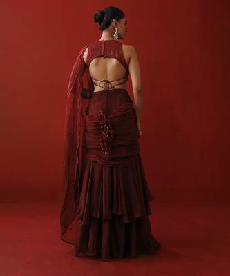 Maroon ruffle saree set 4