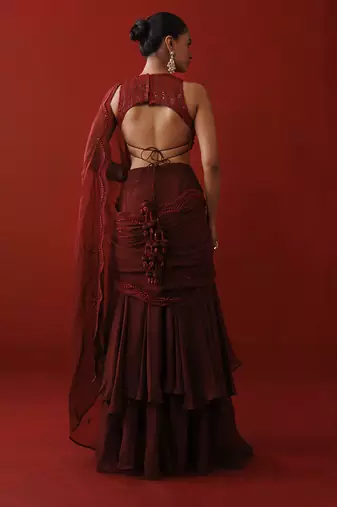 Maroon ruffle saree set