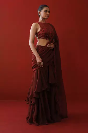 Maroon ruffle saree set
