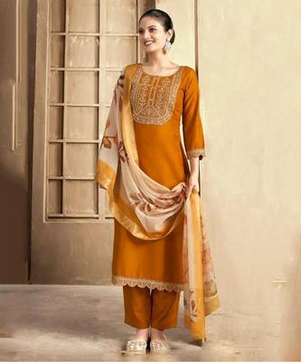 Mustured color spun rayon slub fabric heavy embroidery kurta set with digital printed dupatta 1