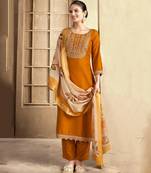 Mustured color spun rayon slub fabric heavy embroidery kurta set with digital printed dupatta