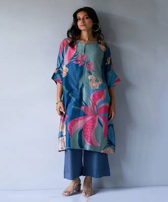 Midnight Blue, Pink and Pistachio Mix Colour Bemberg Silk Printed Co-ord Set 1