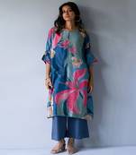 Midnight Blue, Pink and Pistachio Mix Colour Bemberg Silk Printed Co-ord Set