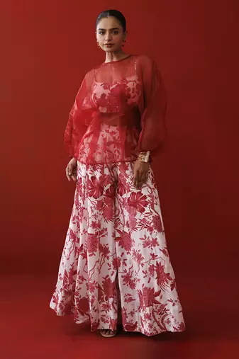 White & red organza top set