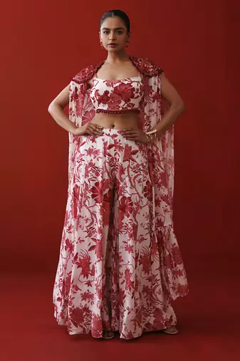 White & red printed shrug set