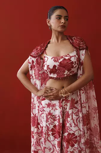 White & red printed shrug set