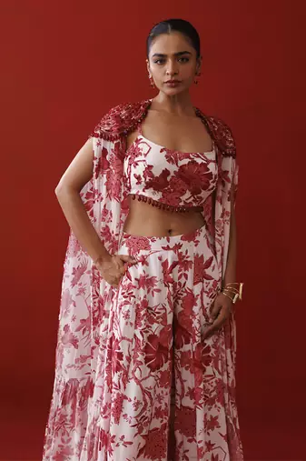White & red printed shrug set