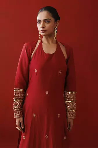 Rustic red halter neck kurta set