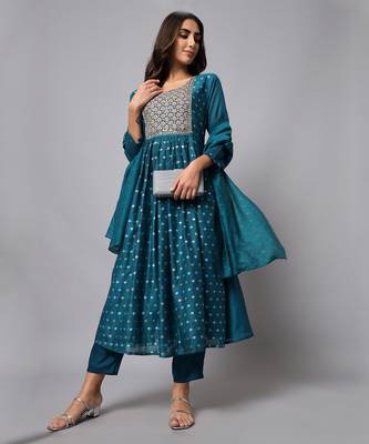 Teal embroidered chanderi silk Kurta Pant With Dupatta 1