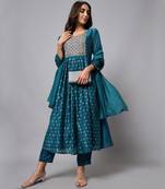 Teal embroidered chanderi silk Kurta Pant With Dupatta