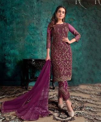 Purple embroidered semi-salwar suit 1