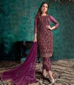 Purple embroidered semi-salwar suit