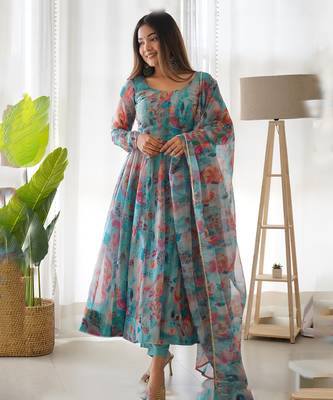 Tabby Organza Silk Fabric Fully Flair Kali Pattern And Canvas Patta Anarkali Kurti With Waist Belt, Duppta And Pent Set 1