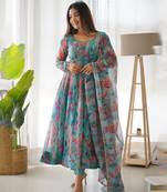 Tabby Organza Silk Fabric Fully Flair Kali Pattern And Canvas Patta Anarkali Kurti With Waist Belt, Duppta And Pent Set