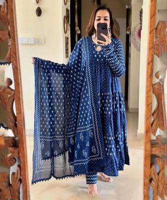 Jaipuri blue  ghera anarkali style pure cotton kurta & pant with dupatta 1