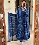 Jaipuri blue  ghera anarkali style pure cotton kurta & pant with dupatta