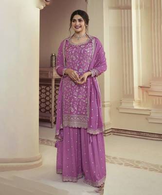 Purple embroidered chinon palazzo salwar suit 1