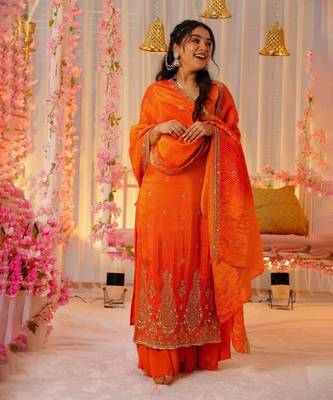 Orange Chinon Embroidered Salwar Set 1