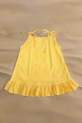 Yellow stripes cotton printed baby girl shoulder knot dress 1