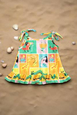 Multicolor zoo crew cotton printed baby girl shoulder knot jabla dress 1