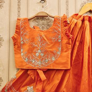 Elegant orange embroidered kids' lehenga set 2