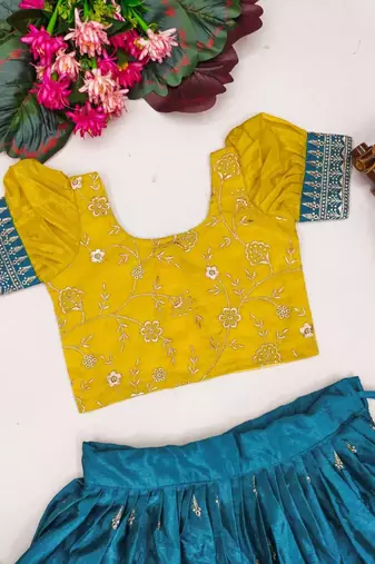 Royal lehenga set in rama blue & yellow