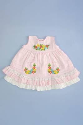 Pink cotton hand embroidered baby pink peony baby girl dress 1