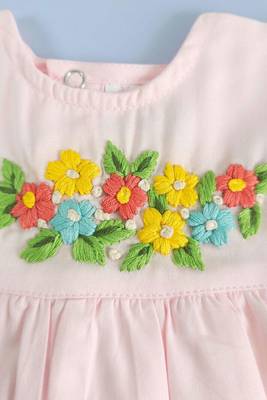 Pink cotton hand embroidered baby pink peony baby girl dress 4