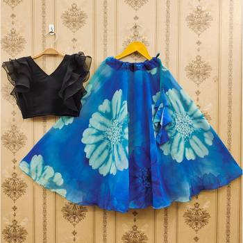 Blue floral printed lehenga with ruffle blouse 1