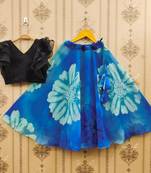 Blue floral printed lehenga with ruffle blouse