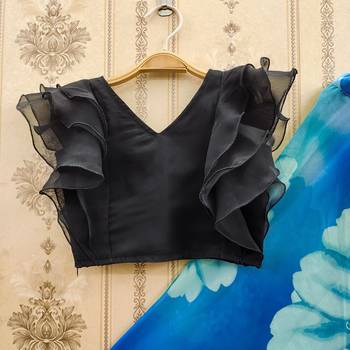 Blue floral printed lehenga with ruffle blouse 2
