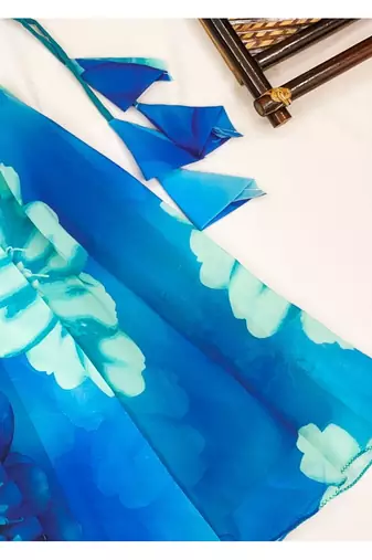 Blue floral printed lehenga with ruffle blouse