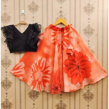 Orange floral printed lehenga with ruffle blouse 1
