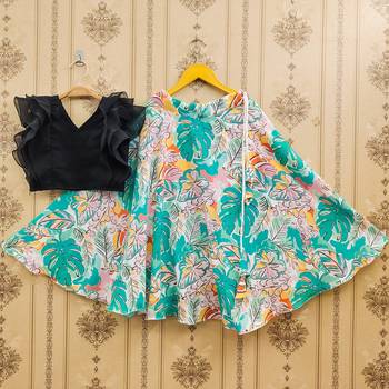 Stylish floral lehenga with black ruffle blouse 1