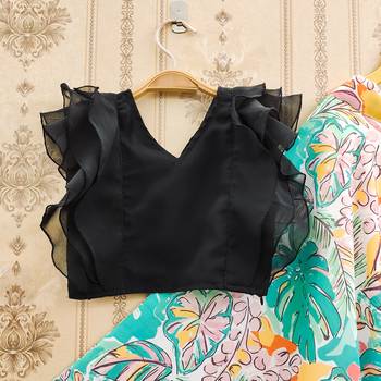 Stylish floral lehenga with black ruffle blouse 2