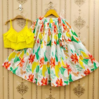 Vibrant floral lehenga with yellow ruffle top 1