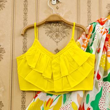 Vibrant floral lehenga with yellow ruffle top 2