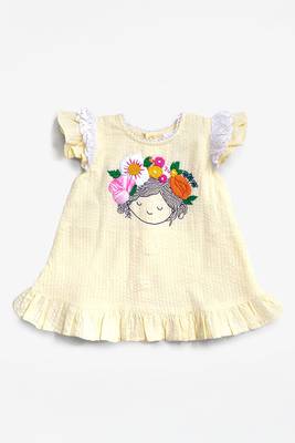 Yellow cotton hand embroidered yellow baby girl blossom dress 1