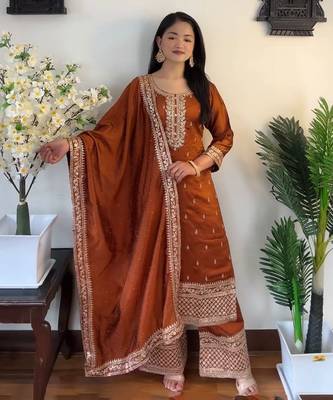 Brown Georgette Salwar Suit Set with Sequin Embroidery     Stitched 1