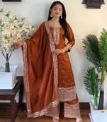 Brown Georgette Salwar Suit Set with Sequin Embroidery     Stitched
