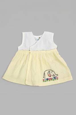 white and yellow cotton embroidered girls elephant overlap dress 1