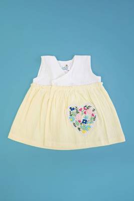 White and yellow cotton embroidered flower heart girls overlap dress 1