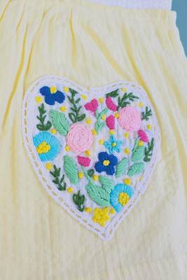 White and yellow cotton embroidered flower heart girls overlap dress 3
