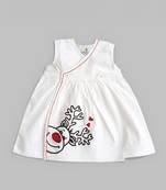 White cotton embroidered reindeer girls overlap dress