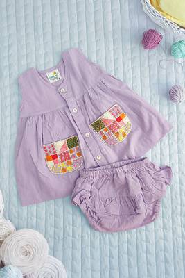 Lilac cotton embroidered pockets baby girl button up dress and bloomer set 1