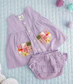 Lilac cotton embroidered pockets baby girl button up dress and bloomer set