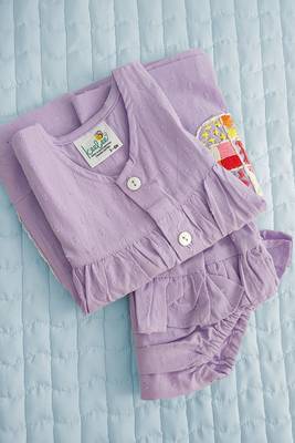 Lilac cotton embroidered pockets baby girl button up dress and bloomer set 2