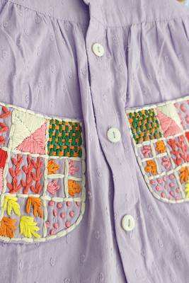 Lilac cotton embroidered pockets baby girl button up dress and bloomer set 3