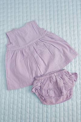 Lilac cotton embroidered pockets baby girl button up dress and bloomer set 4